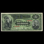 Canada, Bank of Hamilton, 5 dollars <br /> 1 juin 1892