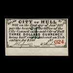 Canada, Ville de Hull, 3 dollars <br /> 1 janvier 1877