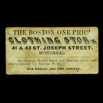 Canada, Boston One Price Clothing Store, aucune dénomination <br /> 1887