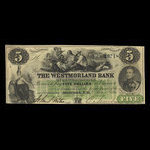 Canada, Westmorland Bank of New Brunswick, 5 dollars <br /> 1 août 1861