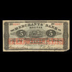 Canada, Merchants' Bank of Halifax, 5 dollars <br /> 1 octobre 1873