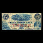 Canada, Zimmerman Bank, 3 dollars <br /> 29 juin 1856