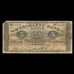 Canada, Merchants' Bank of Halifax, 5 dollars <br /> 1 janvier 1872