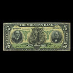 Canada, Molsons Bank, 5 dollars <br /> 2 octobre 1905