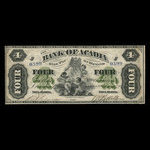 Canada, Bank of Acadia, 4 dollars <br /> 2 décembre 1872