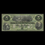 Canada, Merchants Bank of Canada (The), 5 dollars <br /> 2 juillet 1886