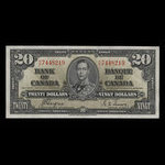 Canada, Banque du Canada, 20 dollars <br /> 2 janvier 1937