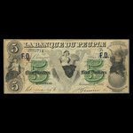 Canada, Banque du Peuple (People's Bank), 5 dollars <br /> 6 novembre 1885
