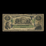 Canada, Royal Canadian Bank, 5 dollars <br /> 26 juillet 1865