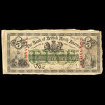 Canada, Bank of British North America, 5 dollars <br /> 4 janvier 1865