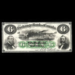 Canada, Exchange Bank of Canada, 6 dollars <br /> 1 octobre 1872