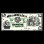 Canada, Bank of Hamilton, 5 dollars <br /> 2 septembre 1872