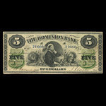 Canada, Dominion Bank, 5 dollars <br /> 1 février 1871