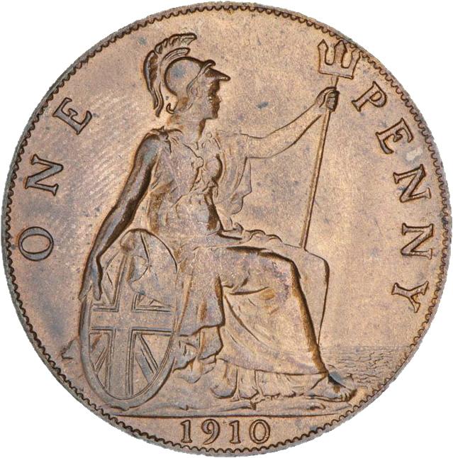 Pièce montrant Britannia assise avec un trident à la main.