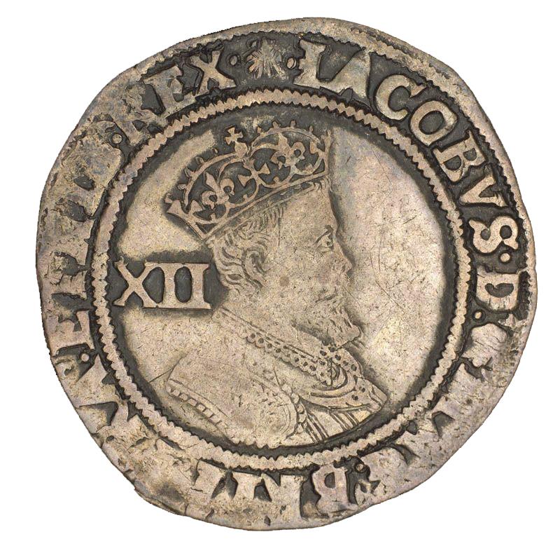 Pièce d’argent frappée grossièrement montrant le profil de la reine Elizabeth I coiffée d’une couronne.