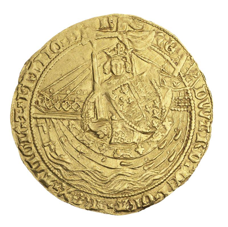 Pièce d’or frappée grossièrement à l’effigie d’un roi armé et coiffé d’une couronne à bord d’un navire.