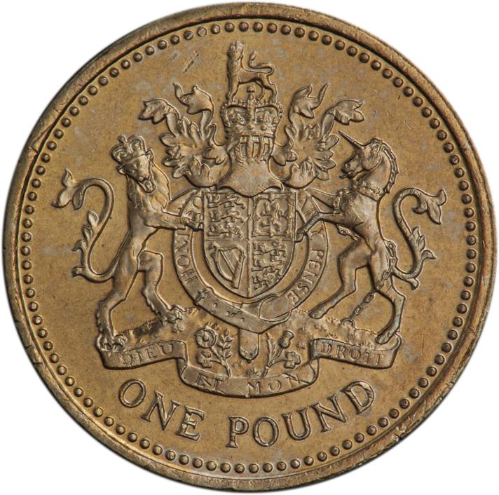 Pièce de couleur dorée, ornée des armoiries du Royaume-Uni avec un lion et une licorne.