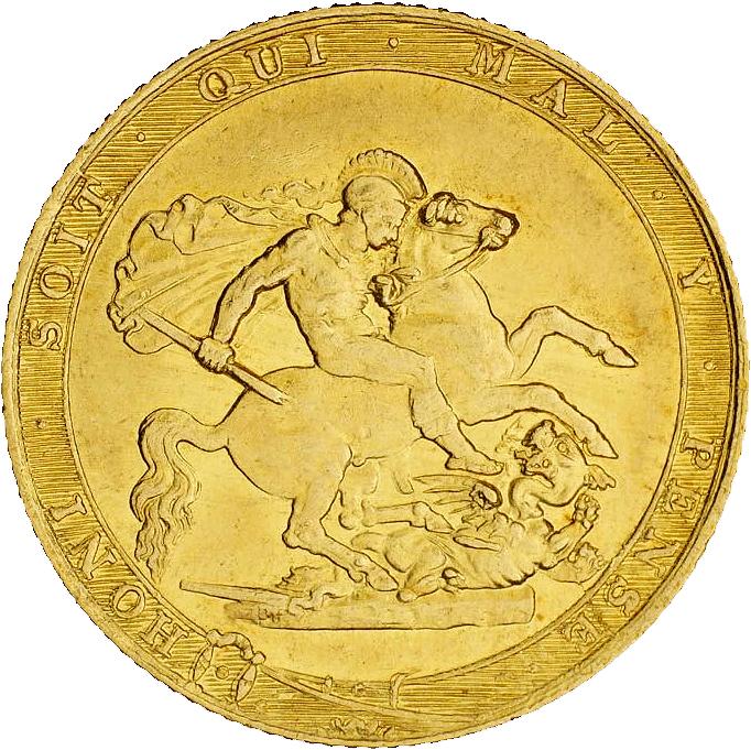 Pièce d’or brillant montrant un ange guerrier qui tue un dragon.