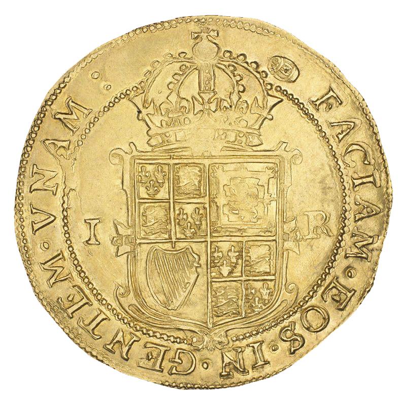 Pièce d’or montrant un bouclier couronné de symboles écossais, anglais et irlandais.