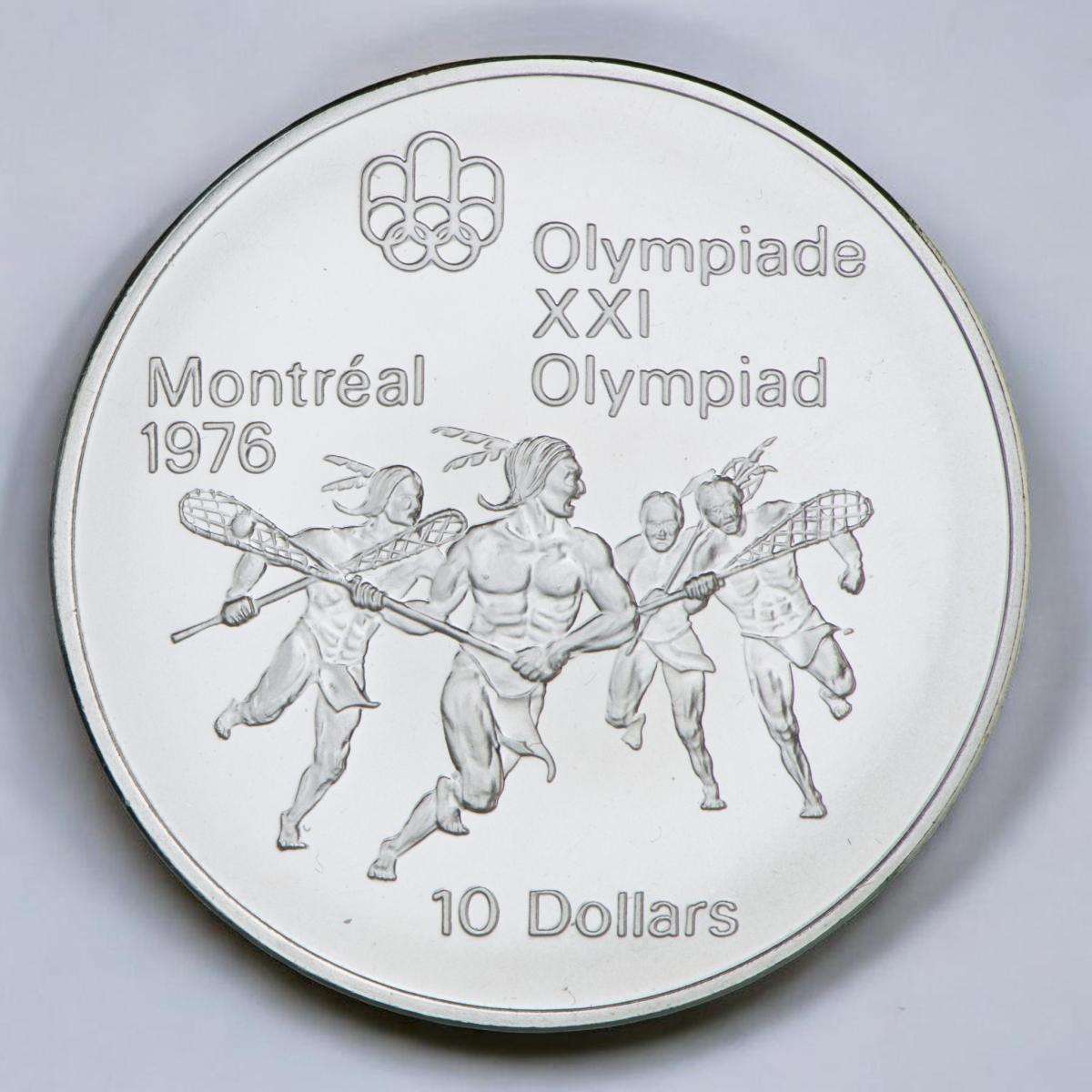 Pièce d’argent montrant des hommes autochtones musclés qui courent munis de bâtons surmontés d’un filet.