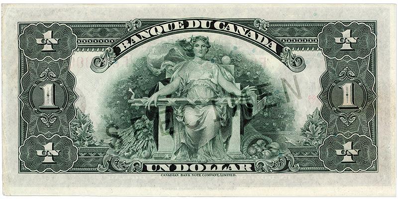 1935_1-dollar_verso_FR Billet de banque vert, motifs géométriques complexes, femme en robe sur un trône avec des outils de jardinage sur les genoux.