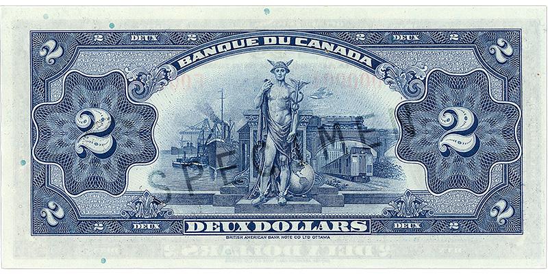 Billet de banque bleu, motifs géométriques complexes, homme au casque ailé se tenant devant des navires à vapeur dans un port ainsi que des trains et un avion.