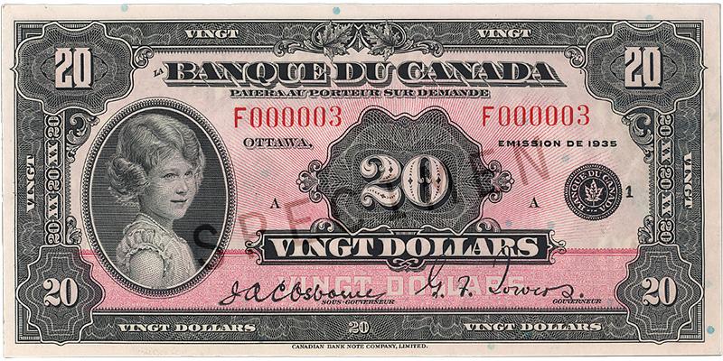 1935_20-dollar_recto_FR Billet de banque rose, motifs géométriques complexes, jeune fille aux cheveux bouclés portant un collier de perles : la princesse Elizabeth.