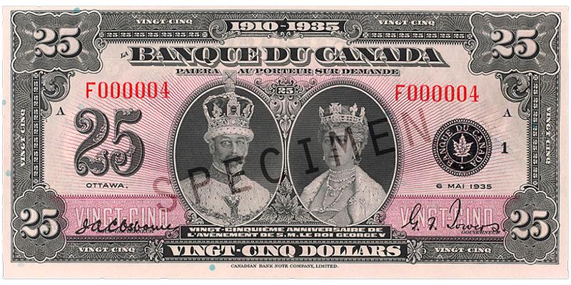 1935_25-dollar_recto_FR Billet de banque violet, motifs géométriques complexes, portraits d’un roi et d’une reine portant une couronne : le roi George V et la reine Marie.