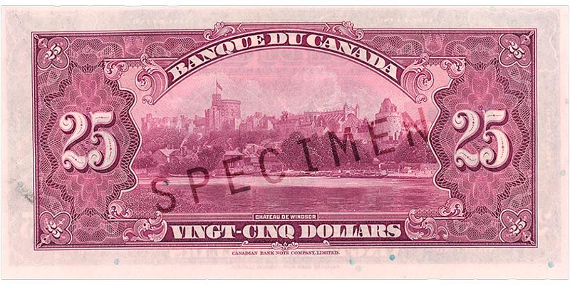 1935_25-dollar_verso_FR Billet de banque violet, motifs géométriques complexes, image montrant un lac et, sur la rive opposée, un vaste château avec des tours et une chapelle.