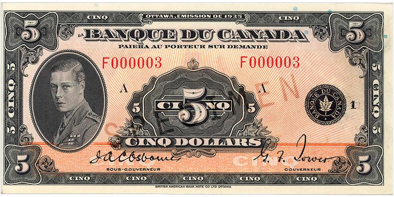 1935_5-dollar_recto_FR Billet de banque orange pâle, motifs géométriques complexes, jeune homme en uniforme militaire moderne : Édouard, prince de Galles.