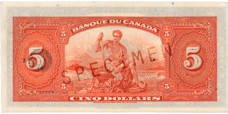 1935_5-dollar_verso_FR Billet de banque orange pâle, motifs géométriques complexes, homme nu avec des outils devant des rivières, des montagnes et un barrage hydroélectrique.