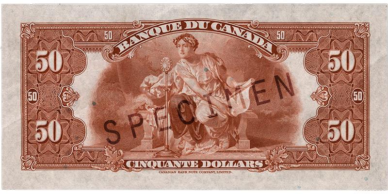 Billet de banque de couleur ocre, motifs géométriques complexes, personnage en robe avec des lauriers dans les cheveux, devant un microphone.