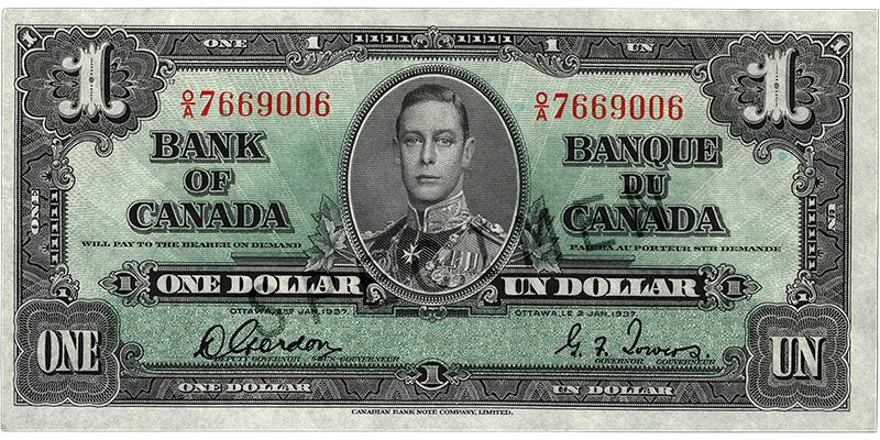 Billet de banque de 1 dollar Billet de banque vert, tronqué, motifs géométriques complexes, jeune homme en uniforme militaire d’époque : le roi George VI.
