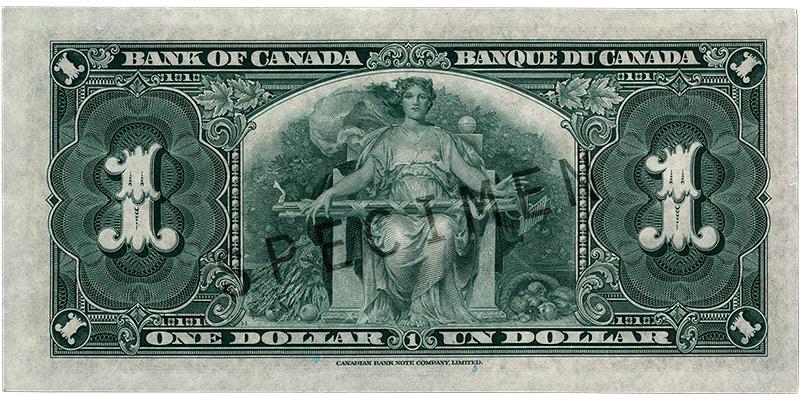 Billet de banque de 1 dollar Billet de banque vert foncé, motifs géométriques complexes, femme sur un trône avec des outils de jardinage sur ses genoux.