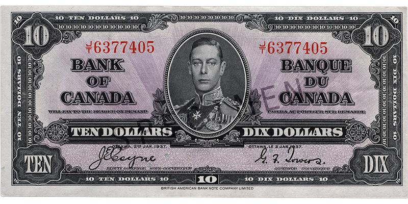 Billet de banque de 10 dollars Billet de banque violet, motifs géométriques complexes, jeune homme en uniforme militaire d’époque : le roi George VI.