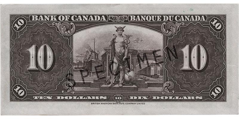 Billet de banque de 10 dollars Billet de banque violet, motifs géométriques complexes, jeune homme en uniforme militaire d’époque : le roi George VI.