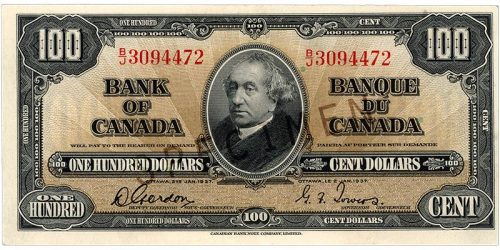 Billet de banque brun, motifs géométriques complexes, homme portant un col montant et un manteau à col de fourrure : sir John A. Macdonald.