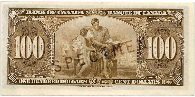 Billet de banque de 100 dollars Billet de banque brun, motifs géométriques complexes, homme en robe montrant une maquette de navire à un garçon sur fond de paysage industriel.