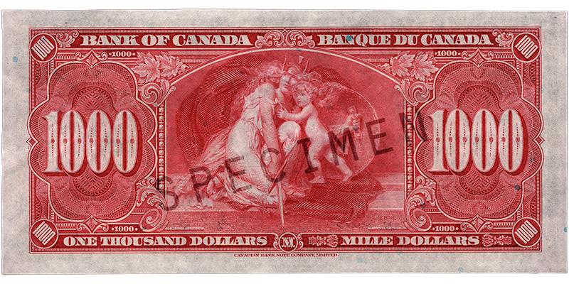 Billet de banque de 1 000 dollars Billet de banque rose, motifs géométriques complexes, femme portant une robe et un casque qui protège un enfant avec son bouclier.