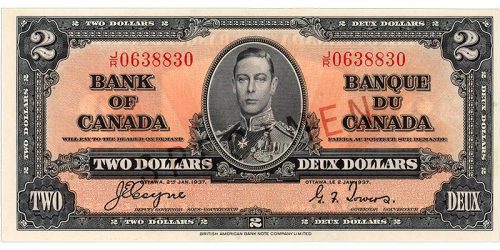 Billet de banque de couleur ocre rosé, motifs géométriques complexes, jeune homme en uniforme militaire d’époque : le roi George VI.