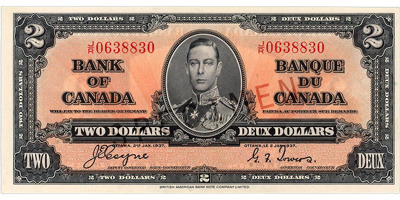Billet de banque de couleur ocre rosé, motifs géométriques complexes, jeune homme en uniforme militaire d’époque : le roi George VI.
