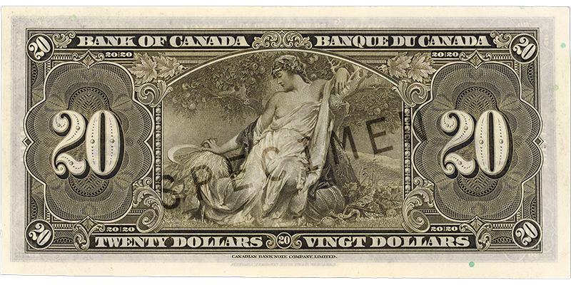 Billet de banque vert pâle, motifs géométriques complexes, femme en robe sous un pommier tenant une faux et entourée de légumes.