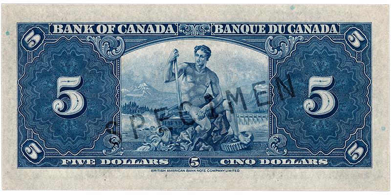 Billet de banque de 5 dollars Billet de banque bleu, motifs géométriques complexes, homme nu avec des outils devant des rivières, des montagnes et un barrage hydroélectrique.