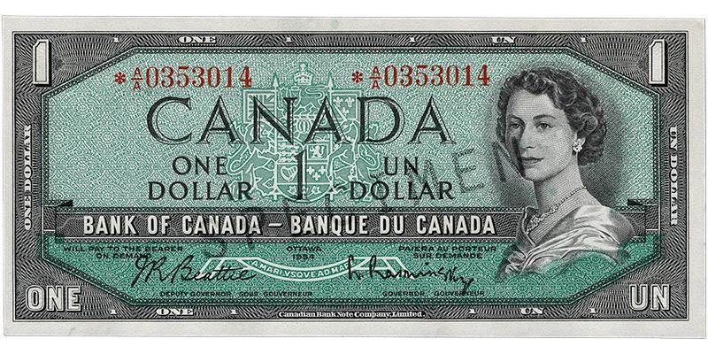 Billet de banque vert, cadre constitué de motifs géométriques, jeune femme aux cheveux bouclés portant un collier de perles : la reine Élisabeth II.