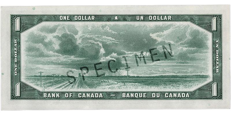 Billet de banque vert, cadre constitué de motifs géométriques, champs plats traversés par une route 