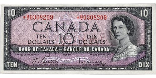 Billet de banque violet, cadre constitué de motifs géométriques, jeune femme aux cheveux bouclés portant un collier de perles : la reine Élisabeth II.