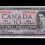 Billet de banque violet, cadre constitué de motifs géométriques, jeune femme aux cheveux bouclés portant un collier de perles : la reine Élisabeth II.