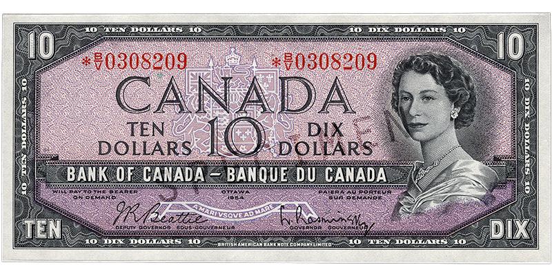 Billet de banque de dix dollars Billet de banque violet, cadre constitué de motifs géométriques, jeune femme aux cheveux bouclés portant un collier de perles : la reine Élisabeth II.