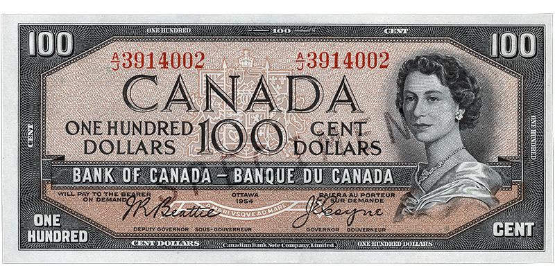 Billet de banque de 100 dollars Billet de banque brun, cadre constitué de motifs géométriques, jeune femme aux cheveux bouclés portant un collier de perles : la reine Élisabeth II.