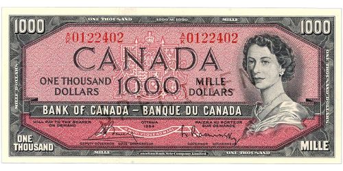 Billet de banque rose, cadre constitué de motifs géométriques, jeune femme aux cheveux bouclés portant un collier de perles : la reine Élisabeth II.